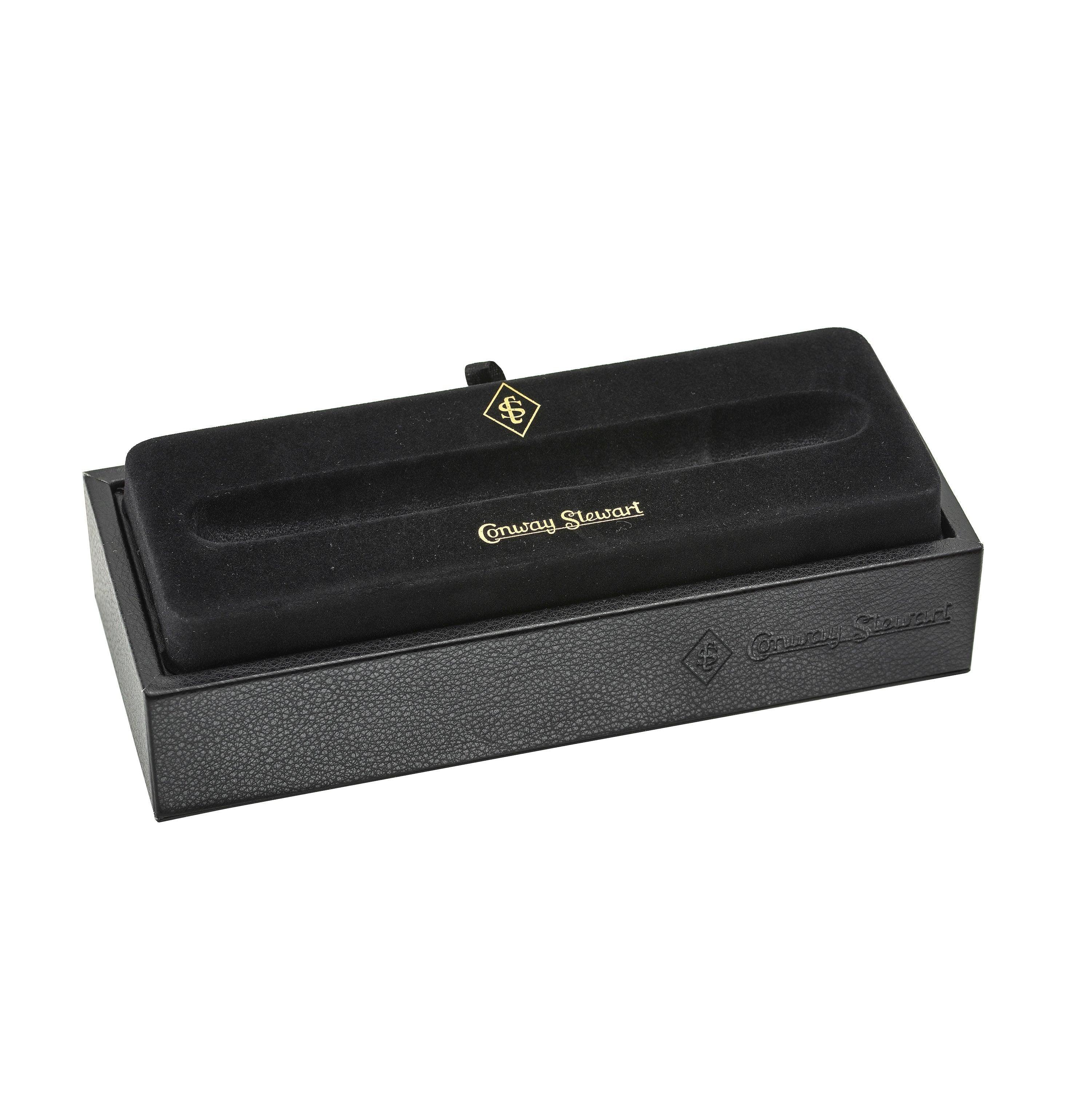 Open black Conway Stewart presentation box for the Silvicity Sunrise Yellow pen, shown empty