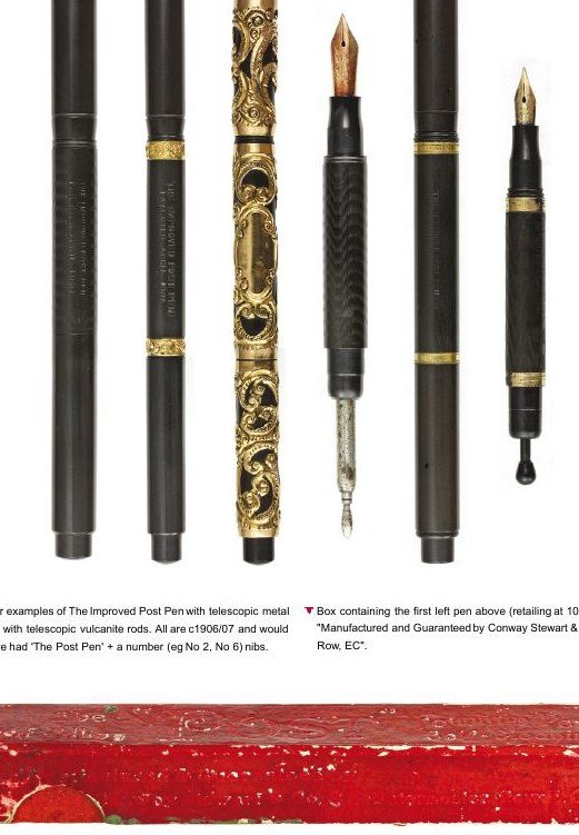 Six early black fountain pens laid side by side, some with slim metal rods drawn out from the barrel end.